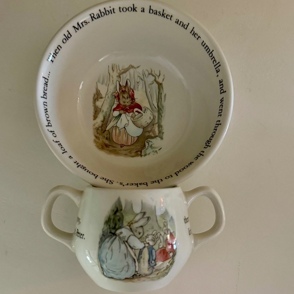 EASTER Vintage Wedgwood Peter Rabbit Child's Bowl & Double Handled Cup